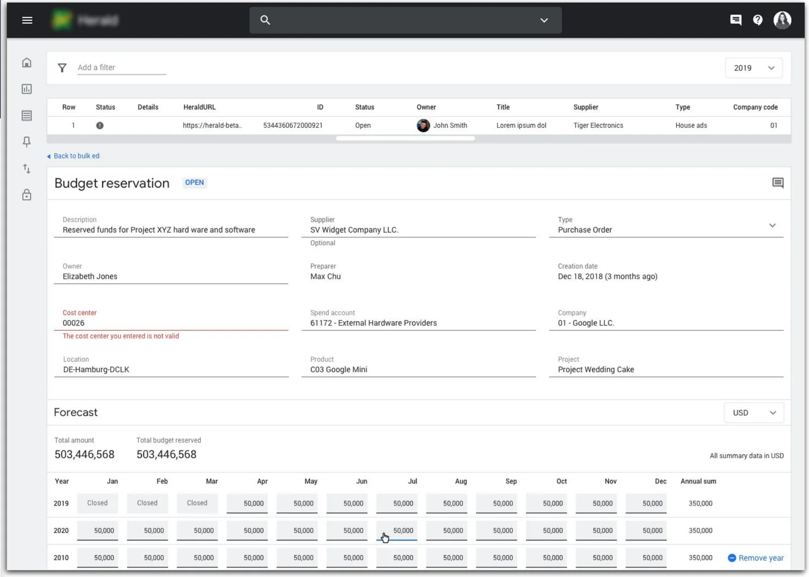 Bulk edit screen for budget reservations