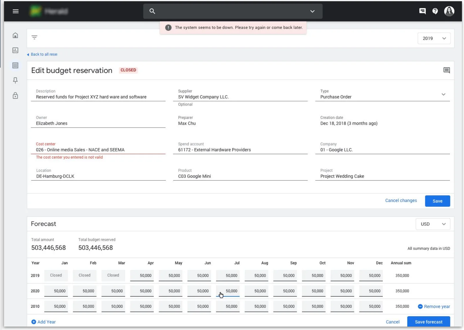 Editing a budget reservation with a monthly forecast
