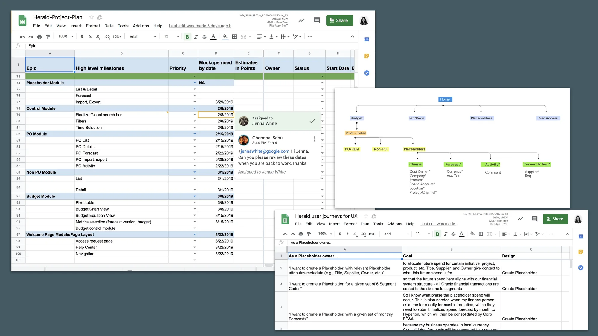 Planning spreadsheets and an information architecture map for Herald