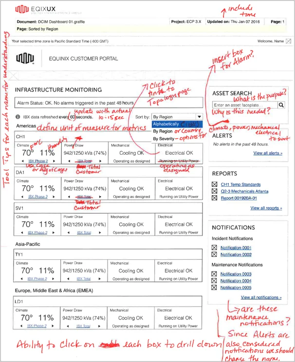 Wireframe with handwritten stakeholder feedback